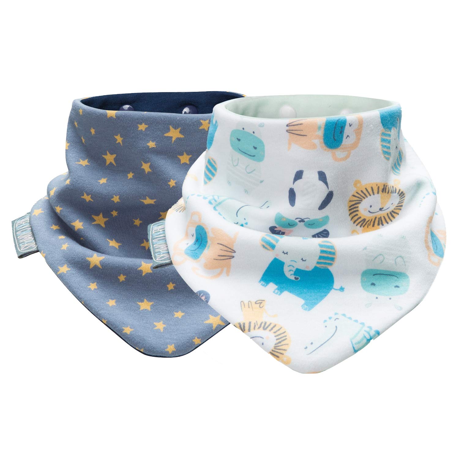 Cheeky Chompers Baby Bibs for Babies and Toddlers - Twin Pack100% Organic Muslin Cotton Neckerchief Dribble Bib - Cool Prints for Baby Boy and Girl - Neckerbib Design (Midnight Stars & Cheeky Animals)