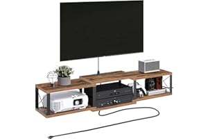 MAHANCRIS Floating TV Stand with Power Outlet, Wall-Mounted Entertainment Center, Floating Metal Frame Media Console Shelf for Under TV Storage, for Living Room, Bedroom, Rustic Brown TVHR101E01