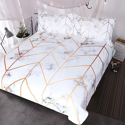 Blessliving White Marble Bedding Geometric Rose Gold Stripes Lines Pattern Duvet Cover 3 Pieces Ultra Soft Nature Home Decor Marble Bed Set King