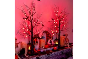 GRASTFU Halloween Decorations Indoor 2 Pack 24 Inch Black Halloween Tree with 24 Orange Red Lights, Timer/USB/Battery Operated Tabletop Lighted Spooky Tree for Halloween Table Decor Home Indoor Office