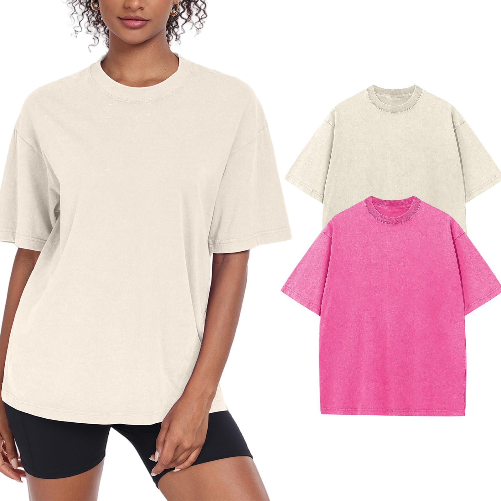 Womens Washed Vintage Oversized T-Shirt Baggy Workout Tops Short Sleeve Cotton Tshirts Streetwear Boyfriend Tee(W-PK-BG,3XL) Image