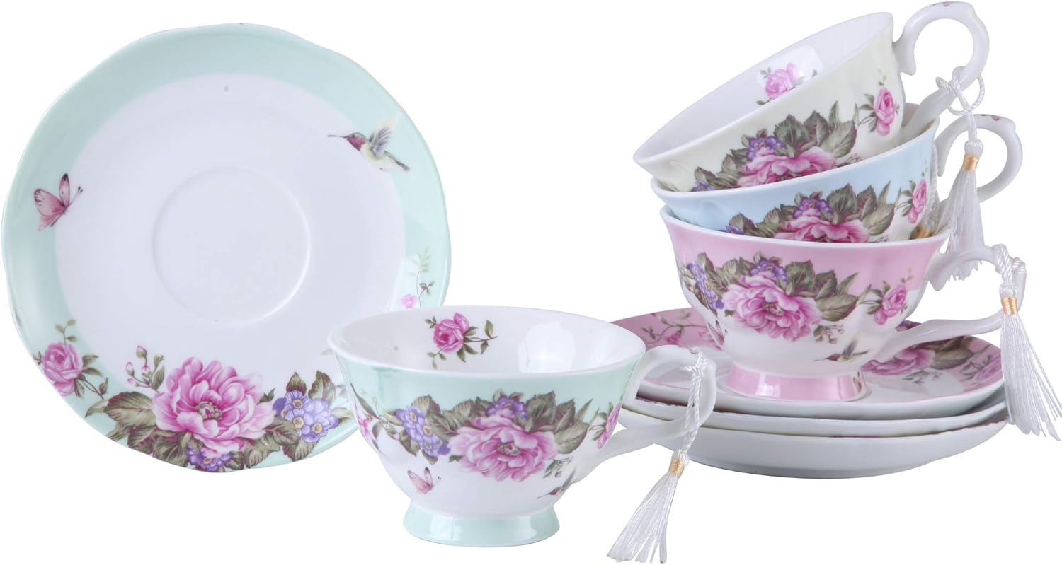 Tea Cup and Saucer Set 4 Coffee Cups Gifts for Women Expresso Coffee Cup Afternoon Tea Set New Bone China Vintage Flora Rose Gift for Her for Home Restaurants and Tea House (1 set of 4)