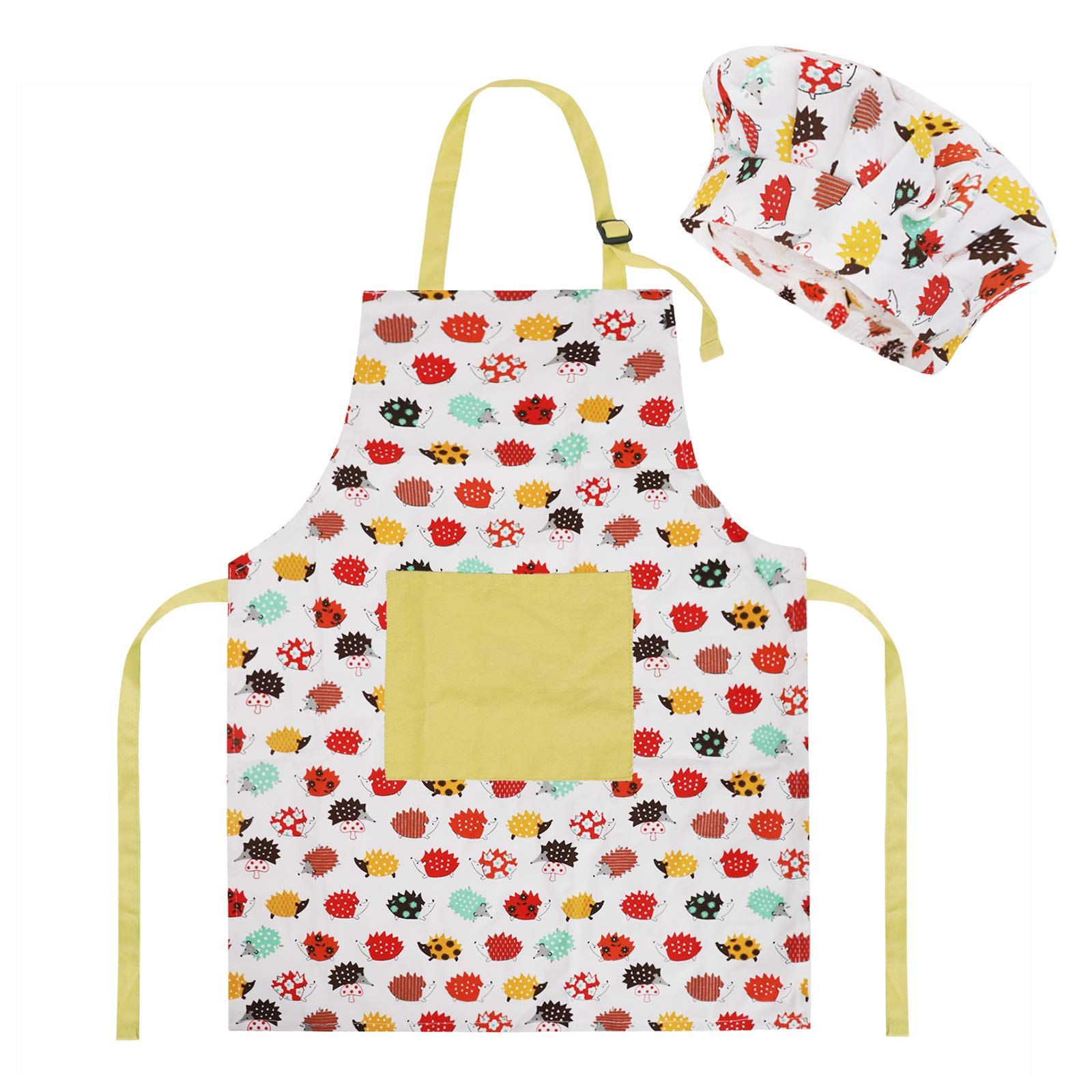 FakeFace Kids Art Apron Chef's Hat Set Cotton Children's Baking Painting Aprons Smocks with Pockets Adjustable Kids Chefs Apron for 4-8 Years Girls Boys Cooking Baking Painting Gardening