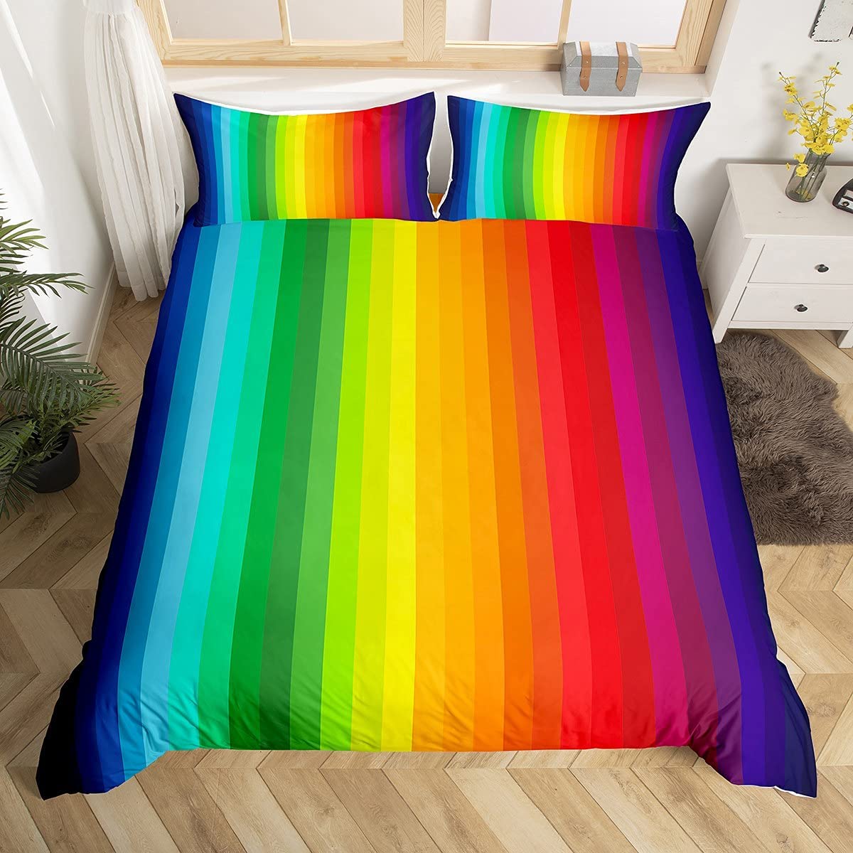 Rainbow Bedding Set,Stripe Teen Girls Vivid Colorful Vertical Lines Palette Abstract Art Design,Decorative Comforter Cover 2 Pieces Single Size (1 Duvet cover Set & 1 Pillow Shams),Zipper