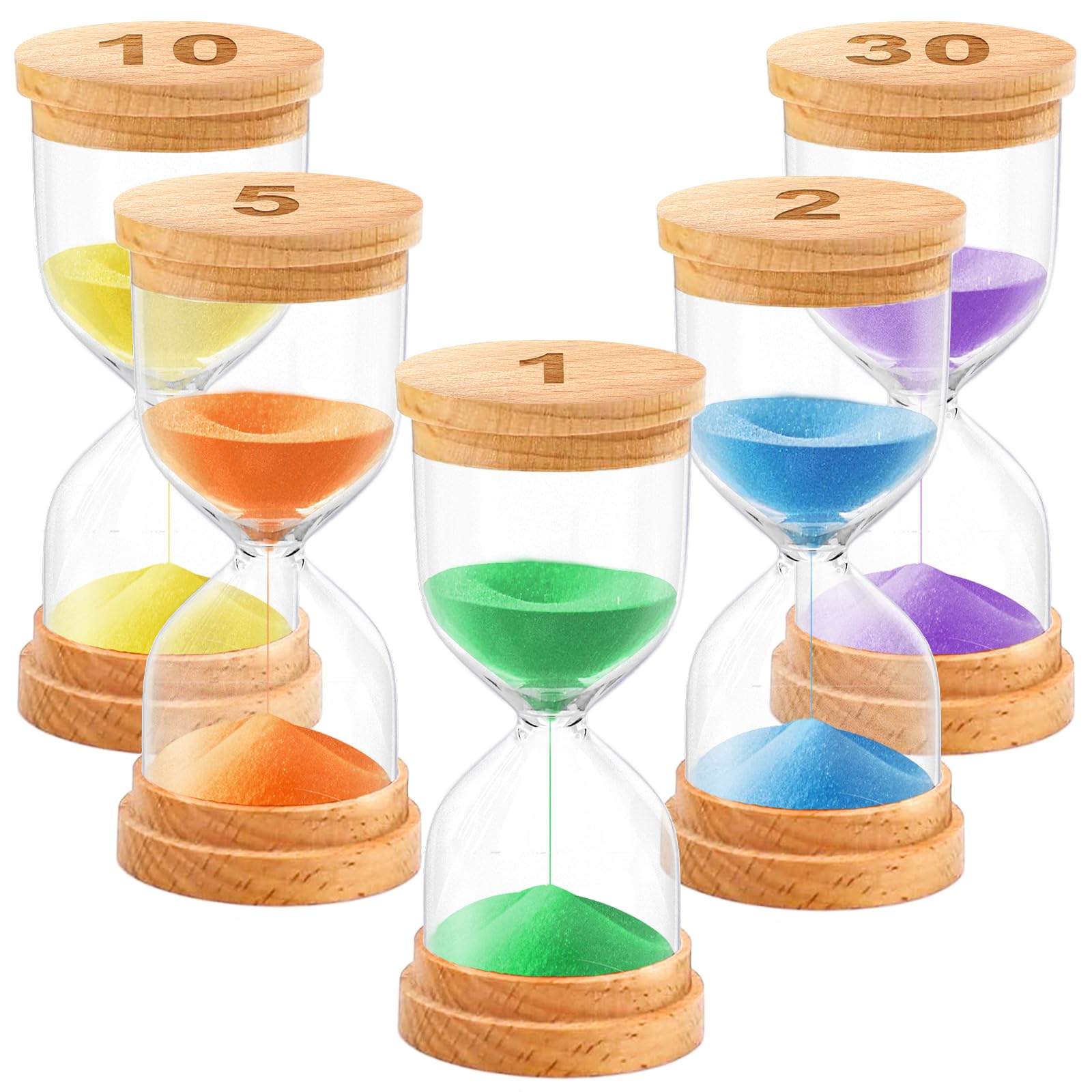Holz Sanduhr Zeitmesser Sanduhren Set - 1/2/5/10/30 Minuten Timer für Kinder, Klein Wood Sand Uhr Glas Minute Clock für Schule Kita Klassenzimmer Spiele Zuhause Küche Büro