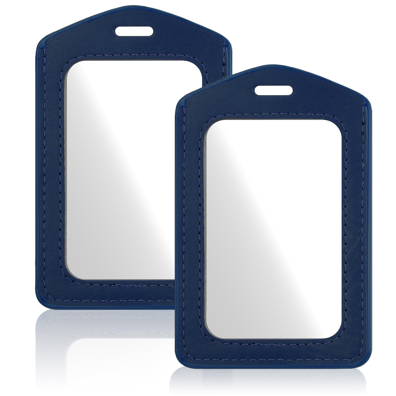 Photo 1 of Mabor 2Pcs Leather Badge Holder - Vertical Double-Sided Clear ID Card Sleeve for Office/School/Employee (Navy Blue)