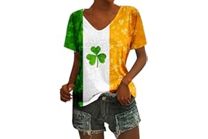 QWENTMTNTY Womens St Patricks Day Shirt V Neck Short Sleeve Sequin Print T-Shirts Casual Festive Irish Flag Shamrock Shirts