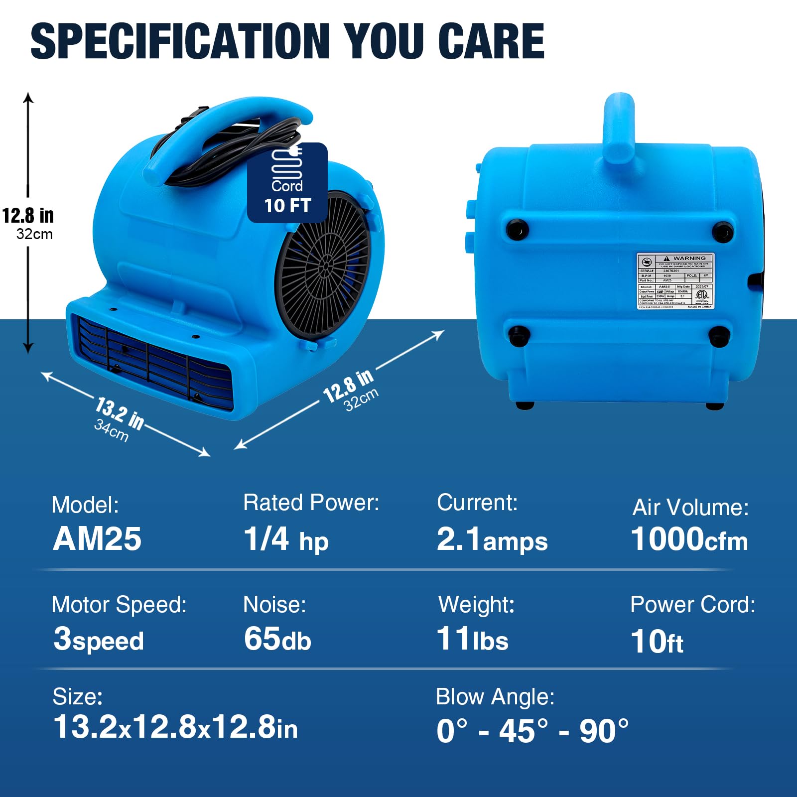 MOUNTO 1/4hp 1000CFM 2 Speed Air Mover Carpet Dryer Floor Fan Cooling Fan (Blue)