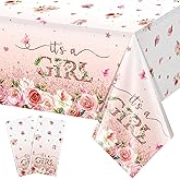 SINGOMON 2PCS Baby Girl Shower Decorations Pink Floral Table Cloths Rectangular Tablecloths Plastic Table Cloth Disposable Ta