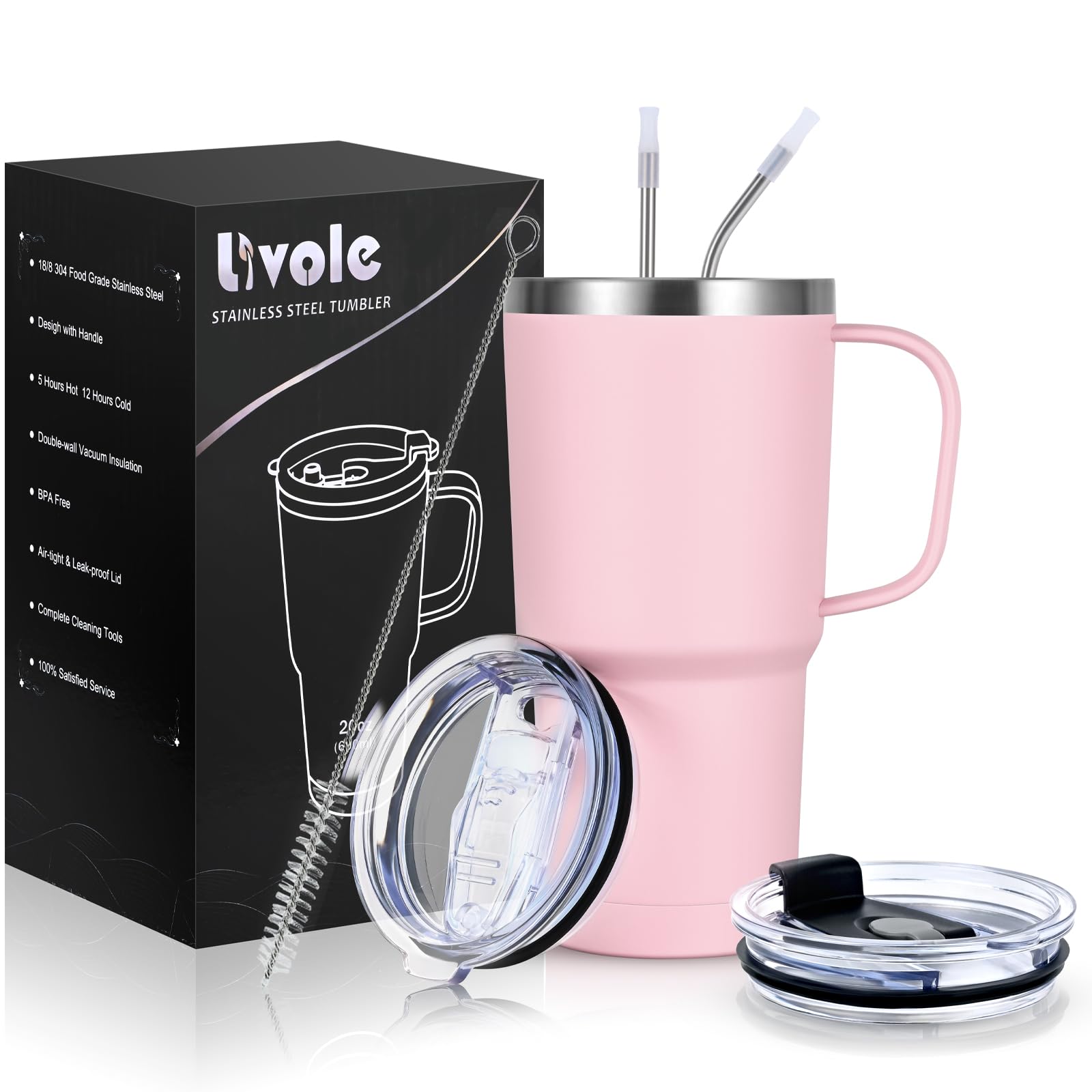 Livole 20oz Travel Mug with Handle, Double Walled Vacuum Water Cup Bottle, 600ml Insulated Tumbler with Straw and 2 Lids, Stainless Steel Thermal Travel Coffee Mugs for Cold Drinks, Light Pink