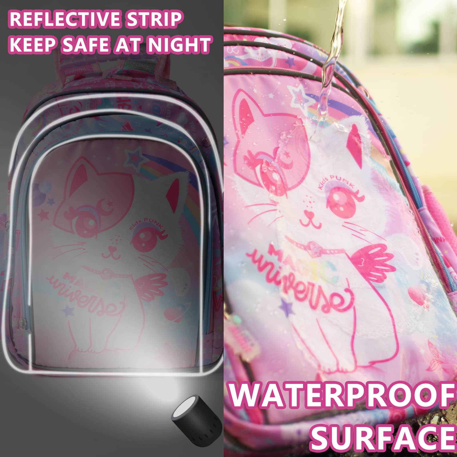 KidsPUNK 16 Inch Girls Backpack with Lunch Box and Pencil Case 3 in 1 Cute Pink Cat Backpacks for Girls Kindergarten Preschool Elementary Kawaii Kids Backpack with Bento Lunch Bag