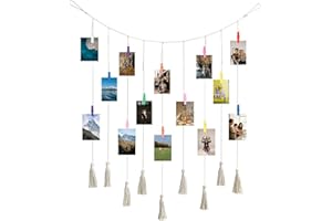 Knana 2Pcs Hanging Photo Display for Wall Decor - Boho Style Wooden Bead Garland Picture Frame Display Wall Decor with 18 Wood Clips for Living Room, Bedroom, Office Decor (Style C)