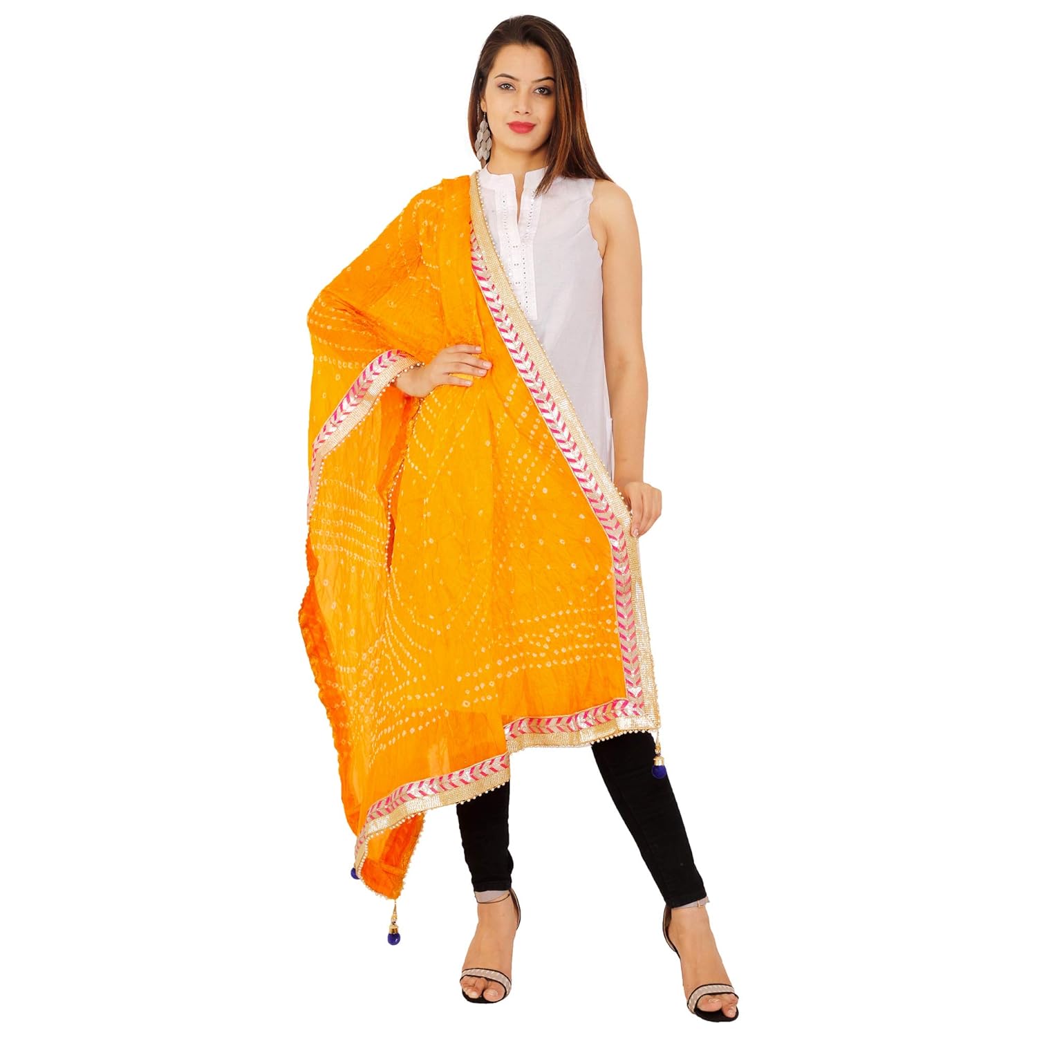 dee desi women's bandhej gota embroidered art silk dupatta yellow