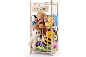 GLDZI Stuffed Animal Storage Zoo, Wooden Stuffed Animal Organizer with Elastic Cords for Boys Girls, Space Saving Toy Plushies Storage Holder for Playroom, Bedroom, Living Room (Burlywood, Small)
