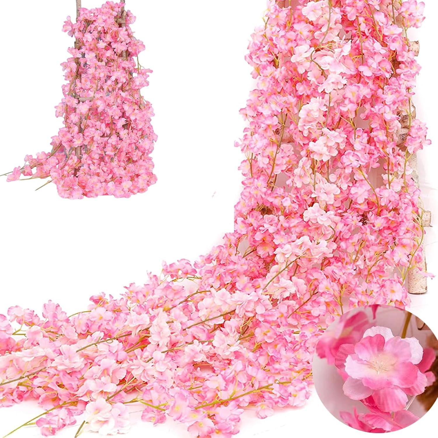 Fjquamitix 4 PCS Artificial Flower Garland 5.9FT Cherry Blossom Vines Hanging Rattan Flowers for Indoor Outdoor Wedding Decoration (Deep Pink)