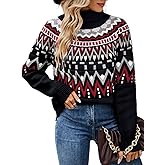 EHSUYAB Womens Vintage Fair Isle Sweater, Loose Chunky Turtleneck Ribbed Knit Pullover, Casual Winter Christmas Sweaters