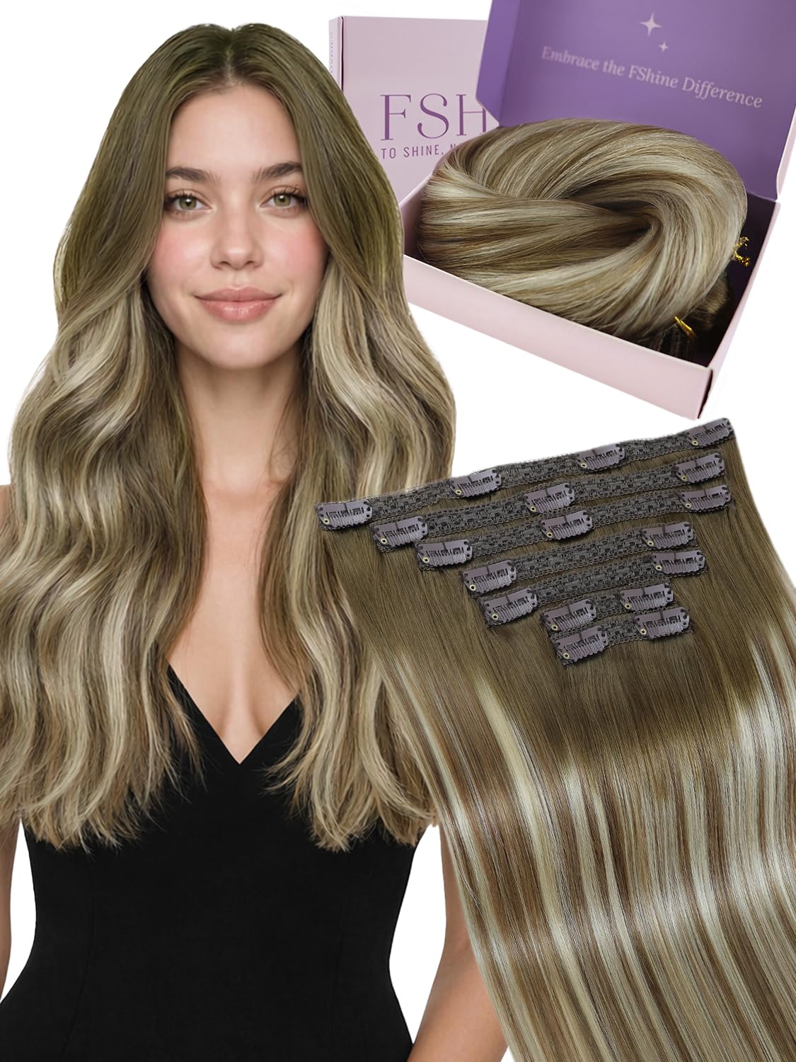 Fshine Clip In Hair Extensions 18 Inch Real Human Hair Dark Brown to Ash Brown Highlight Medium Blonde Thick 120g 7Pcs