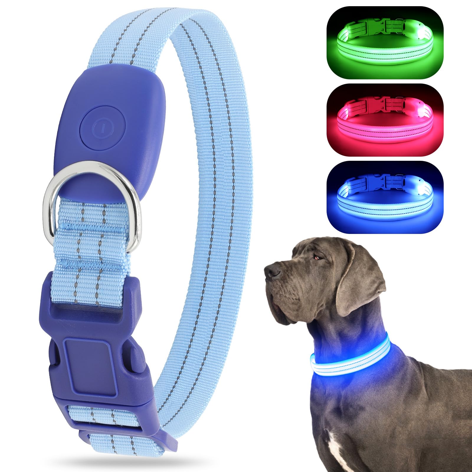Chalklit LED Dog Collar, USB Rechargeable with Water Resistant, Reflective Glow-in-The-Dark Light up Dog Collar (Large, Blue)