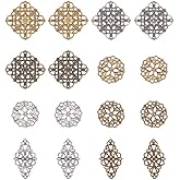 PH PandaHall 40pcs Filigree Connectors, 3 Color Rhombus Flower Charms Hollow Pendants Tibetan Metal Filigree Embellishments for DIY Hairpin Headwear Earring Necklace Jewelry Making