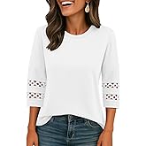 Joywayco Women's Round Neck 3/4 Lace Sleeve Tops Casual Summer Loose Fit Fashion Workout T-Shirts