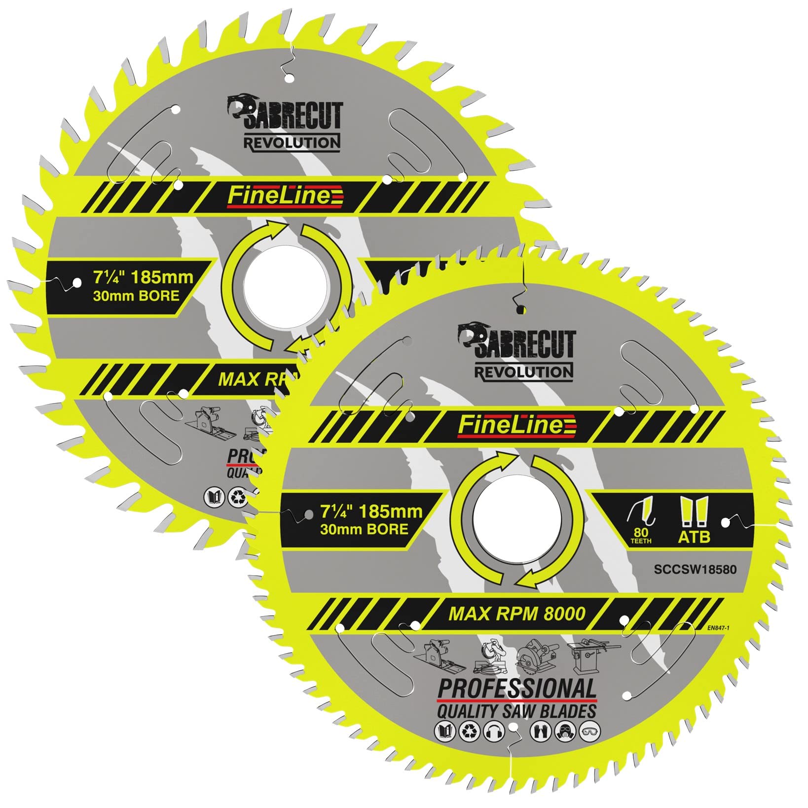 2 x SCCSW185K1 SabreCut 185mm 40T and 80T x 30mm Bore FineLine Thin Kerf Wood Plywood MDF Chipboard Cross Cutting and Rip Cutting Saw Blades