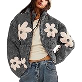 Maixang Womens Floral Print Sherpa Fleece Jackets Winter Zipper Cropped Coat Casual Long Sleeve Outwear with Pockets