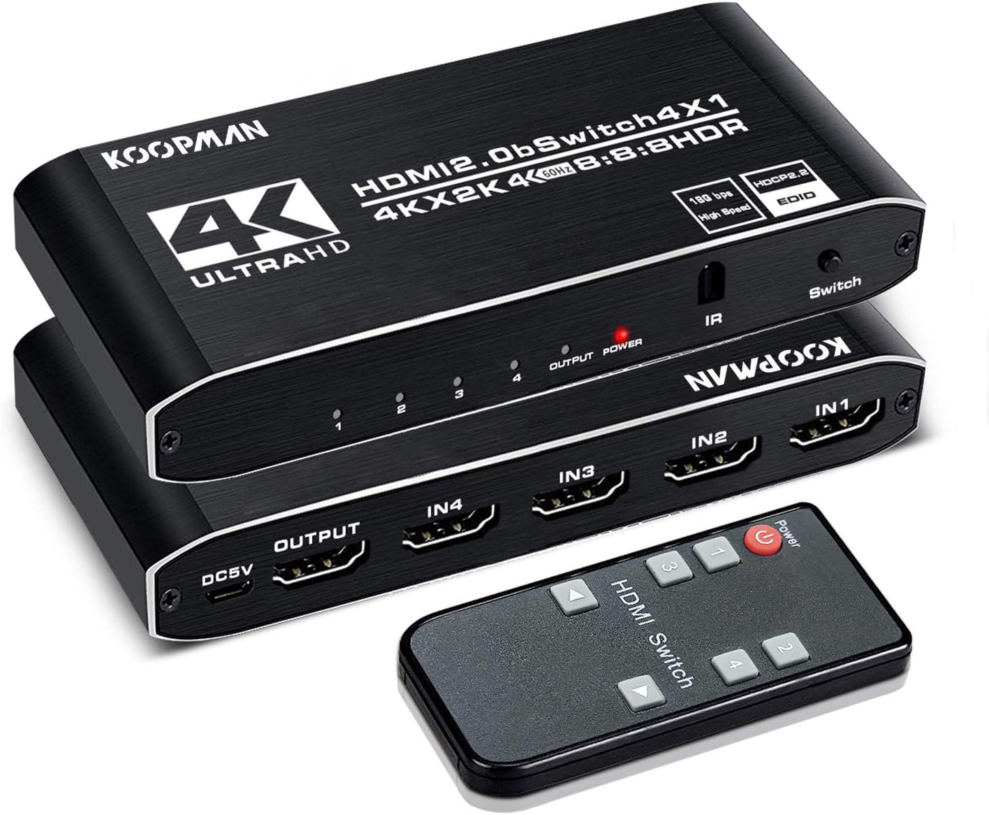 4k HDR HDMI Switch, Koopman 4 Ports HDMI 2.0 Switcher Selector with IR Remote Control, Supports HDCP 2.2 4K@60Hz UltraHD HDR10 3D HD1080P Dolby DST, HDMI Splitter for PS4 Xbox Apple TV Fire Stick: Home Audio & Theater