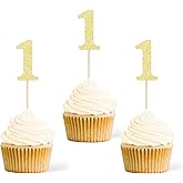 Gexolenu 24 PCS Gold Double-sided 1st Birthday Cupcake Toppers, Glitter Age ONE Cake Picks Decor, First Happy Birthday Party Decorations Baby Shower Anniversary Party Supplies