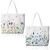 Bencailor 2 Pcs Spring Flower Canvas Tote Bags Reusable Wildflowers Herbs Plant Grocery Bags for Women Shopping Spring Gifts(Fresh)