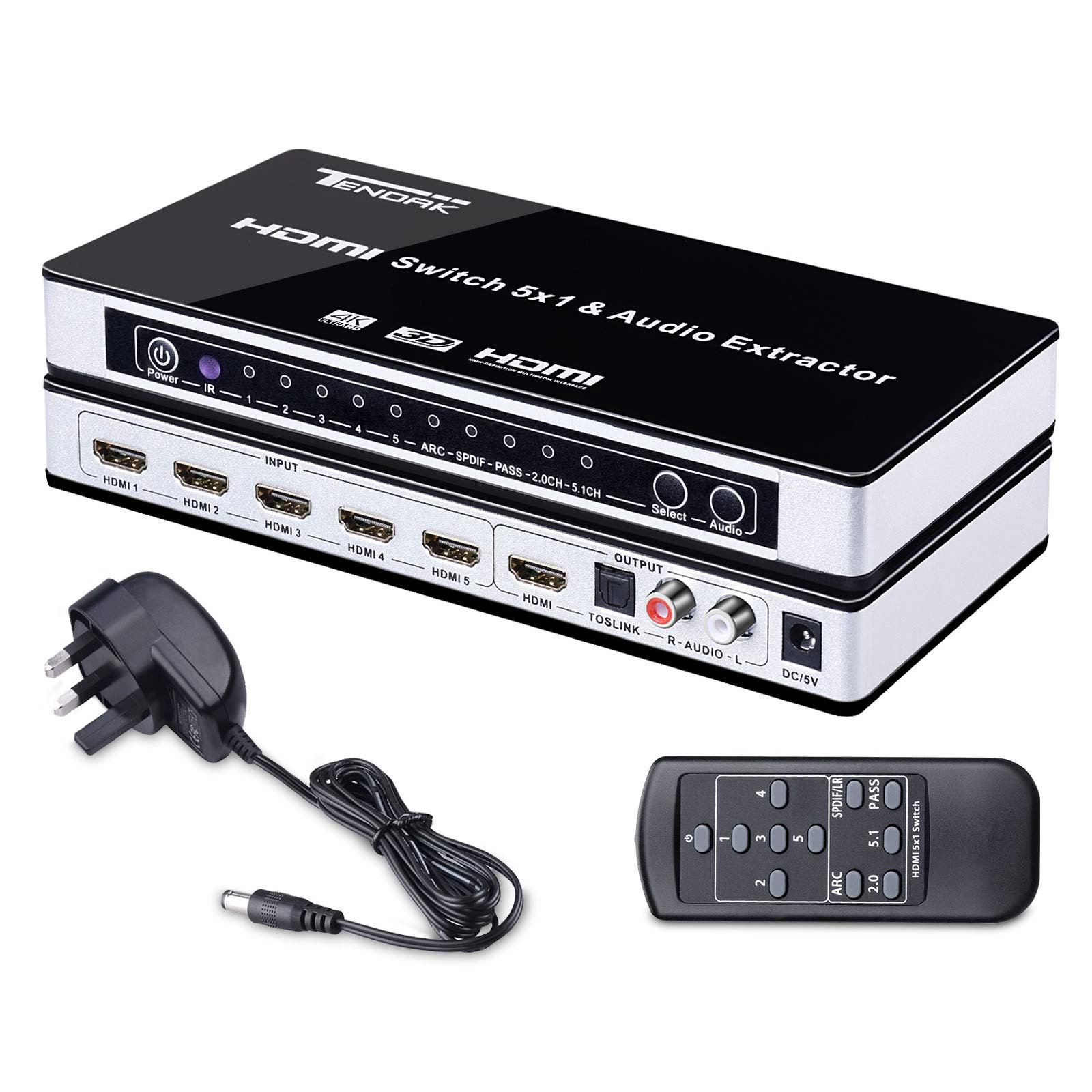 Tendak 4K HDMI Switch Switcher 5 Port HDMI Switch Box 5x1 with Optical Toslink L/R Audio Extractor with IR Remote Support ARC for PS3, PS4, Bluray Player, Virgin box, Game box and More