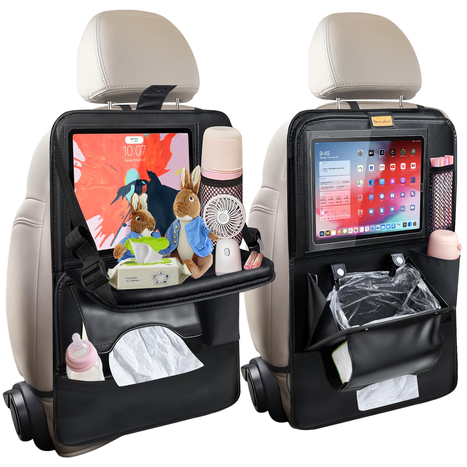 Photo 1 of **MISSING 1** Drsvabze 2-Pack Leather Car Backseat Organizer with Tablet Holder–Foldable Food Tray,Storage Pockets,Trash Can,Tissue Holder & Insulated Bag–Kick Mats Protector for Kids,Travel Accessories Organizer
