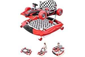 QIZHI-BEAR Baby Walker with Wheels, Activity Center Anti-Rollover, Comfortable seat, Steering Wheel, Music, Lights, 4 Height Adjustable Foldable Baby Walkers for Boys and Girls from 6-18 Months with Footrest