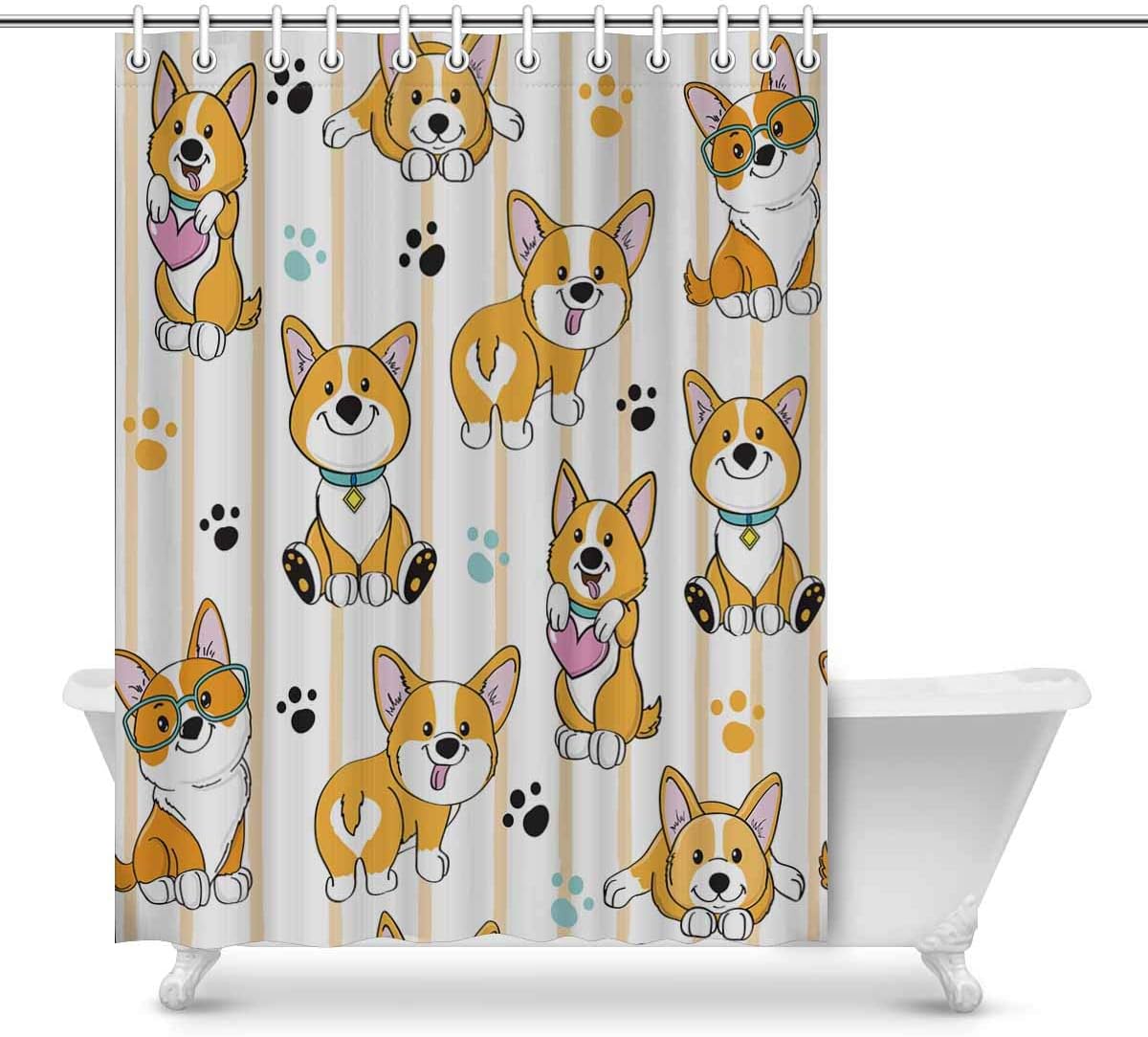 Amazon Com Interestprint Novelty Shower Curtain Bathroom Sets Cute Dog Corgi Striped Funny Fabric Home Bath Decor 84 X 69 Inches Home Kitchen