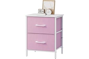 Stero Nightstand, Kids Dresser with 2 Drawers, Steel Frame Bedside Furniture, Wood Top Fabric Night Stand, Colorful End Table for Home, Bedroom, Office, Pink