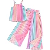 Hilinker Girls Rainbow Pleated Cami Top and Wide Leg Pants Set Cute 2 Piece Summer Outfits
