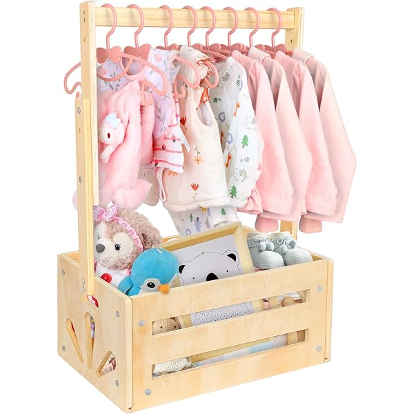 Cesta De Bebé Con Asa Y Perchas – Regalo Práctico Para Baby Shower, De Madera Natural