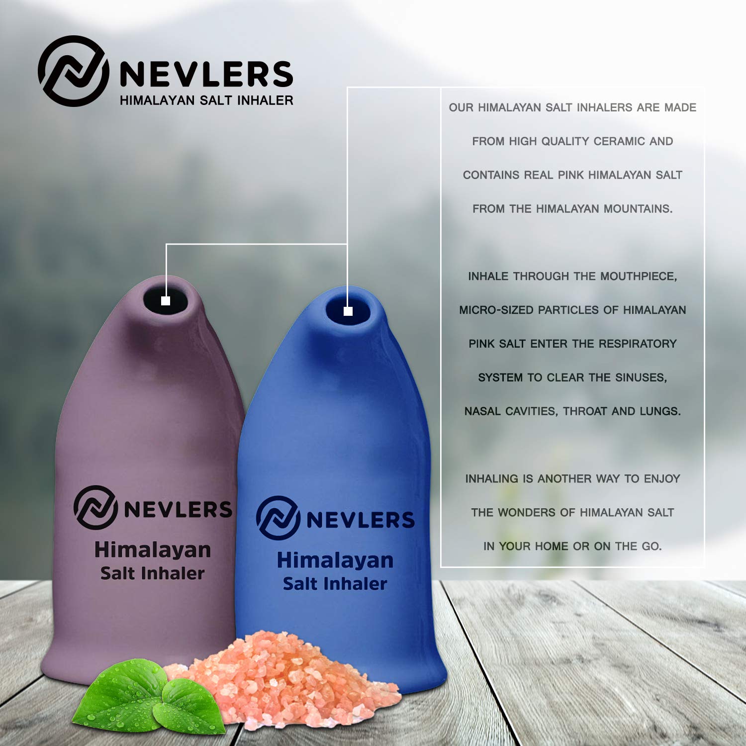 Nevlers Himalayan Salt Inhaler w/ 6 Oz Coarse Organic Himalayan Pink Salt |Cobalt Blue Ceramic Portable Salt Inhalers for Natural Asthma Relief |Homeopathic Inhalers for Breathing Problems for Adults