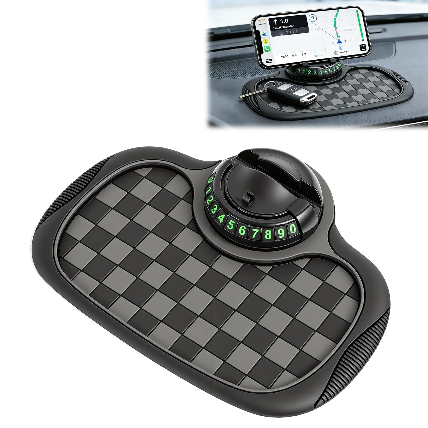 Multifunction Car Anti-Slip Mat, 360° Rotatable Phone Holder Dashboard Pad with Temporary Parking Number, Universal Anti-Slip Car Dashboard Mat for Phones Keys Sunglasses Gadgets (Black)