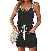 AUSELILY Womens Summer Dresses Sleeveless Spaghetti Strap Beach Cover up Drawstring Waist Mini Short Dress with Pockets