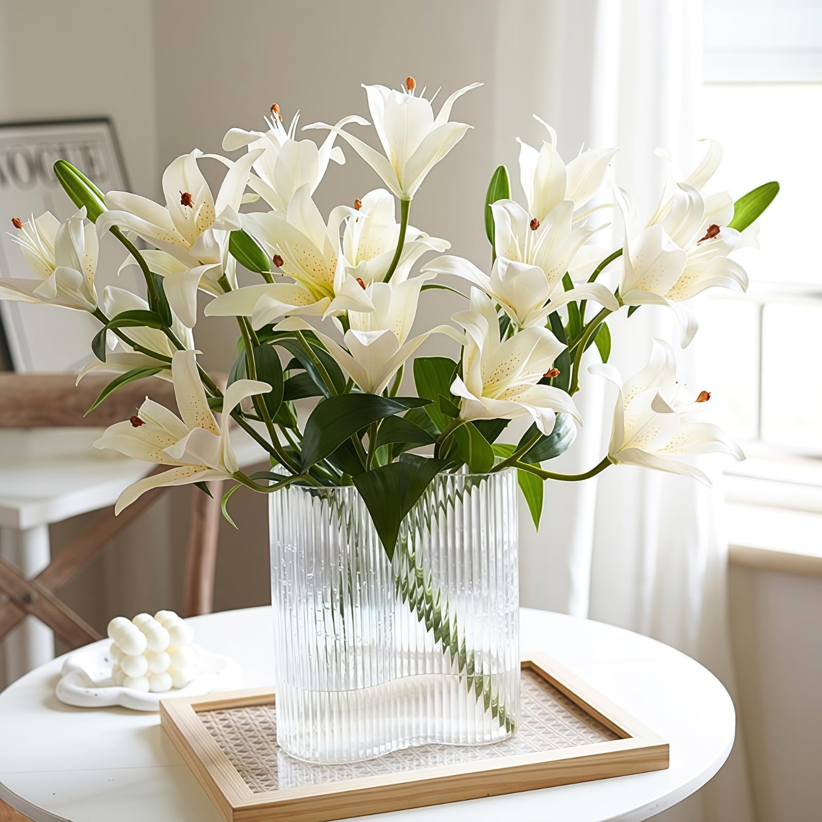 Condition photo showing New/Like New for astryas 24 heads artificial lily flowers, artificial stargazer lilies with 18 heads full bloom lily & 6 buds-faux lilies flowers for home hotel party decor cemetery spring(light pink) light pink lilies