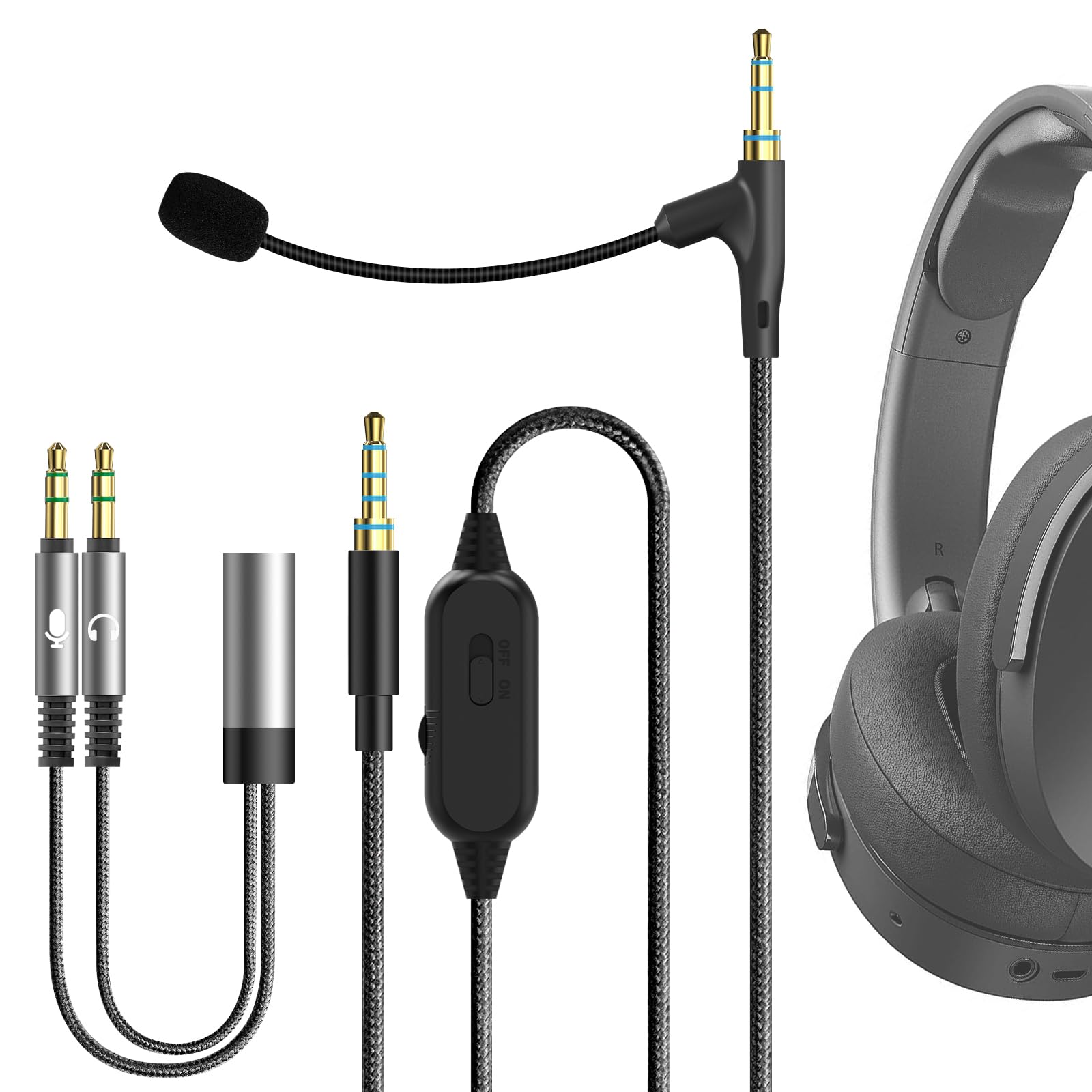 GEEKRIA Boom Mic Headphones Cable Compatible with Audio-Technica, Skullcandy, Soundcore, 3.5mm Jack Nylon Braided Replacement Cord with Boom Microphone for Gaming & Meeting (5.6 ft)