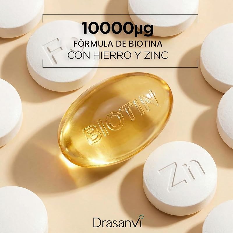 Biotina para el Cabello 10.000 mcg | Piel y Uñas, Zinc y Hierro | Drasanvi