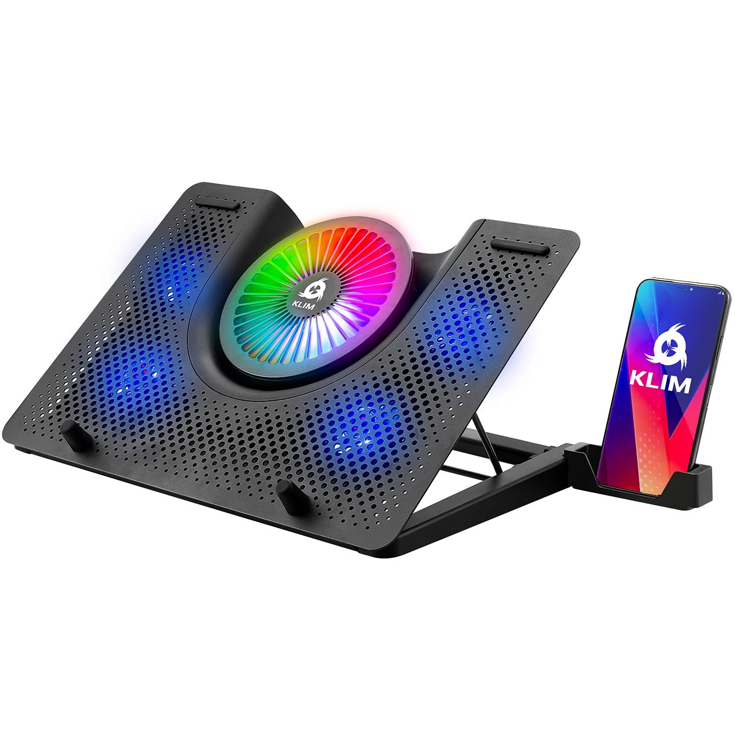 Photo 1 of KLIM Nova RGB Laptop Cooling Pad - New - Gaming Laptop Cooler with Phone Holder - Quiet Laptop Stand with Fan - Compatible up to 17"- Ventilador para Laptop - 5-Year Assurance - Mac PS5 PS4 Xbox One