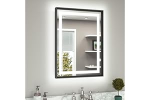 TETOTE 22 x 30 Bathroom LED Mirror Brushed Black Metal Frame Frontlit & Backlit Vanity Mirror Anti-Fog Stepless Dimmable 3 Colors White/Warm/Natural Mirror with Lights Wall-Mounted