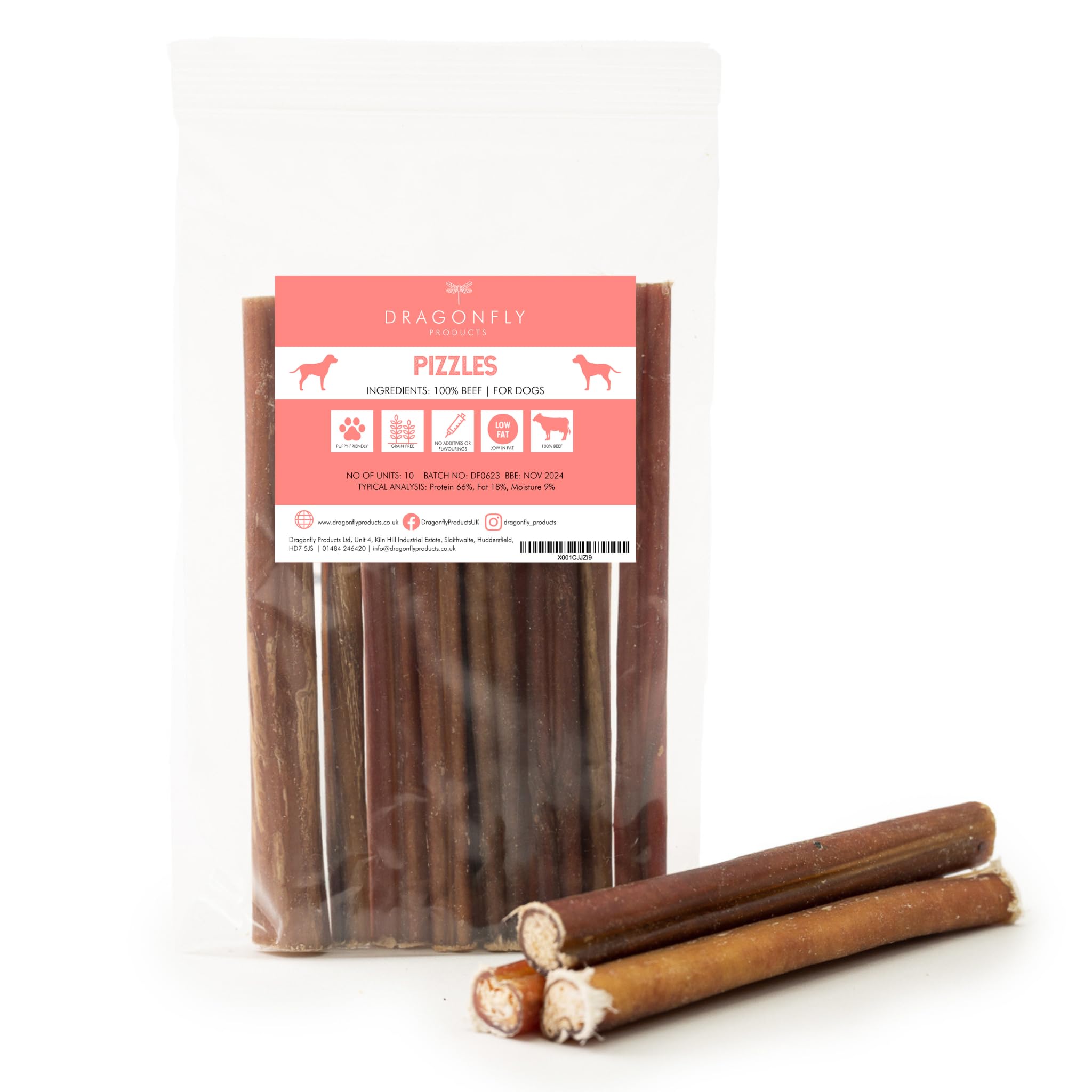 Dragonfly Products 10 pieces Bulls Pizzle Bully Sticks for Dogs & Puppies | Healthy, Natural Dog Treats Chews | Grain Free Treat