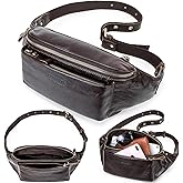 Top Grain Genuine Leather Slim Fanny Pack for Man & Woman, Vintage Design & 4 Zipper Pockets & Adjustable Strap, Handmade, Large Capacity Waist Pack Crossbody Belt Bag for Daily/Travel, Dark Coffee