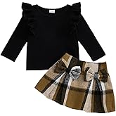 Thorn Tree Girls Plaid Skirt Set Ruffle Long Sleeve T-Shirt Top Bow Skirt Fall Winter Toddler Outfits Baby Clothes