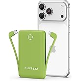 miisso 10000mAh Mini Portable Charger with Built in Cable, Pocket Size Power Bank Travel External Battery Pack for Phone, 3 Output USB Type C Cord Clutch Compatible with iPhone, Samsung, Green