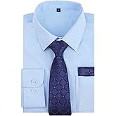 Alizeal 3pcs Mens Dress Shirt with Tie Pocket Square Set Classic Long Sleeve Shirts Matching Necktie Button Down Shirt