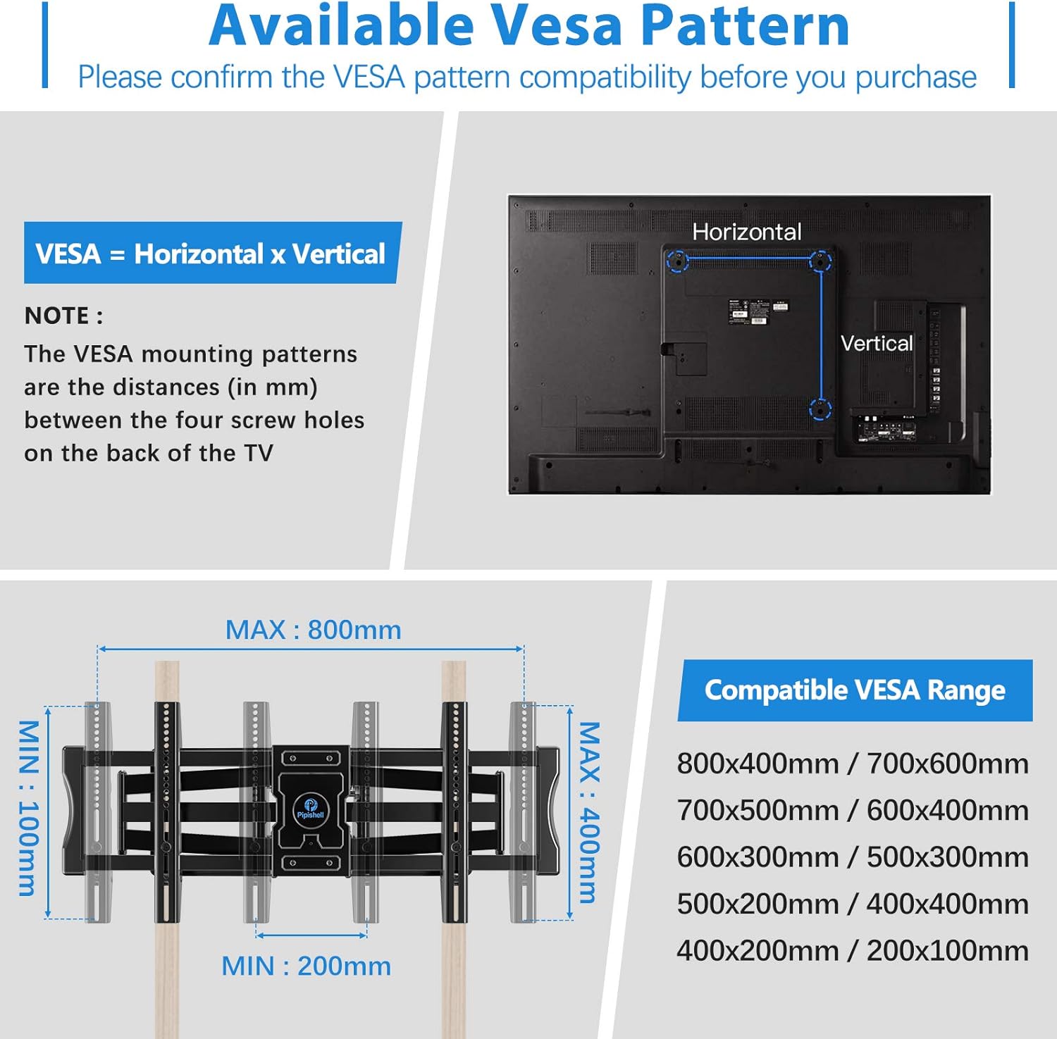 TV Wall Mount Bracket Full Motion Swivel Articulating for Most 50-90 inch LCD, OLED 4K Flat Curved TV with 29 Inch Long Extension Arm, Fits 24 Inch Studs Max VESA 800x400mm up to 154 lbs by Pipishell: Electronics